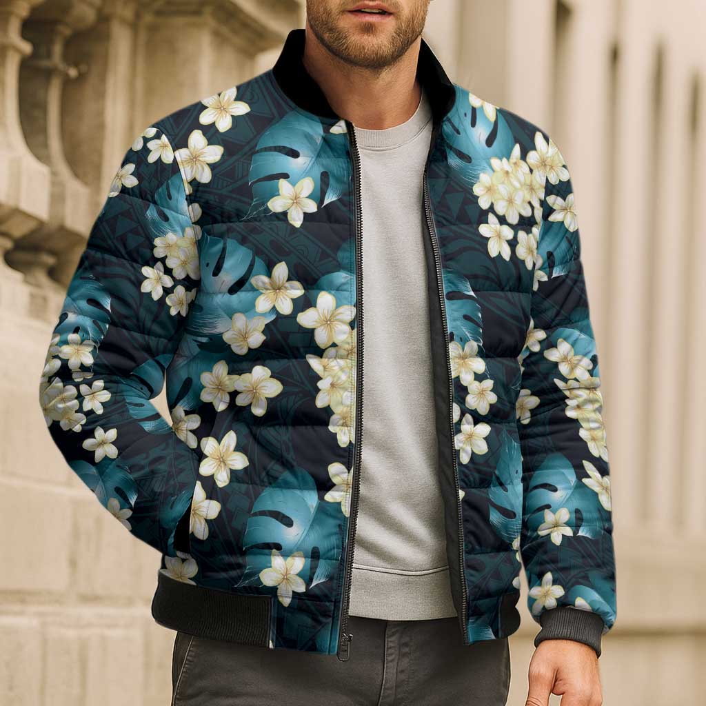 Dark Cyan Tropical Hawaii Bomber Puffer Jacket Seamless Monstera Plumeria Hawaiian Pattern - Polynesian Pride