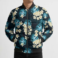 Dark Cyan Tropical Hawaii Bomber Puffer Jacket Seamless Monstera Plumeria Hawaiian Pattern - Polynesian Pride