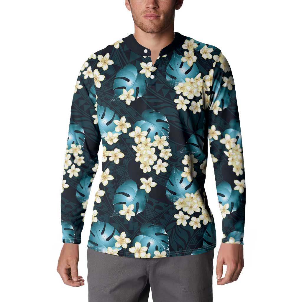 Dark Cyan Tropical Hawaii Button Sweatshirt Seamless Monstera Plumeria Hawaiian Pattern - Polynesian Pride