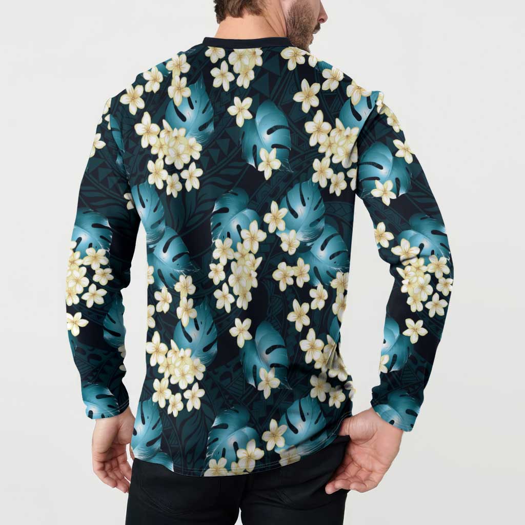 Dark Cyan Tropical Hawaii Button Sweatshirt Seamless Monstera Plumeria Hawaiian Pattern - Polynesian Pride