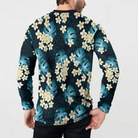 Dark Cyan Tropical Hawaii Button Sweatshirt Seamless Monstera Plumeria Hawaiian Pattern - Polynesian Pride