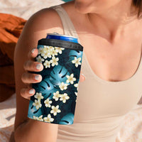 Dark Cyan Tropical Hawaii 4 in 1 Can Cooler Tumbler Seamless Monstera Plumeria Hawaiian Pattern - Polynesian Pride