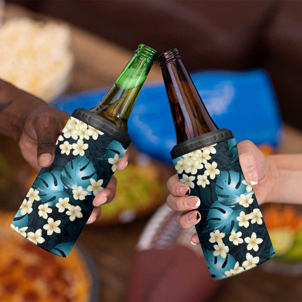 Dark Cyan Tropical Hawaii 4 in 1 Can Cooler Tumbler Seamless Monstera Plumeria Hawaiian Pattern - Polynesian Pride