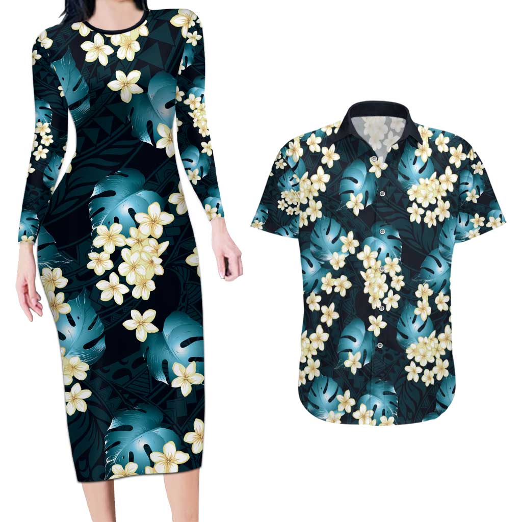 Dark Cyan Tropical Hawaii Couples Matching Long Sleeve Bodycon Dress and Hawaiian Shirt Seamless Monstera Plumeria Hawaiian Pattern - Polynesian Pride
