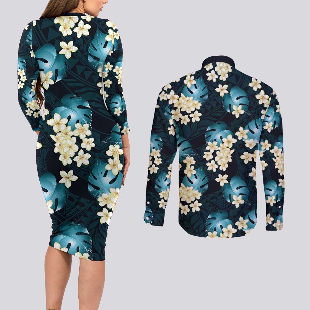 Dark Cyan Tropical Hawaii Couples Matching Long Sleeve Bodycon Dress and Long Sleeve Button Shirt Seamless Monstera Plumeria Hawaiian Pattern - Polynesian Pride