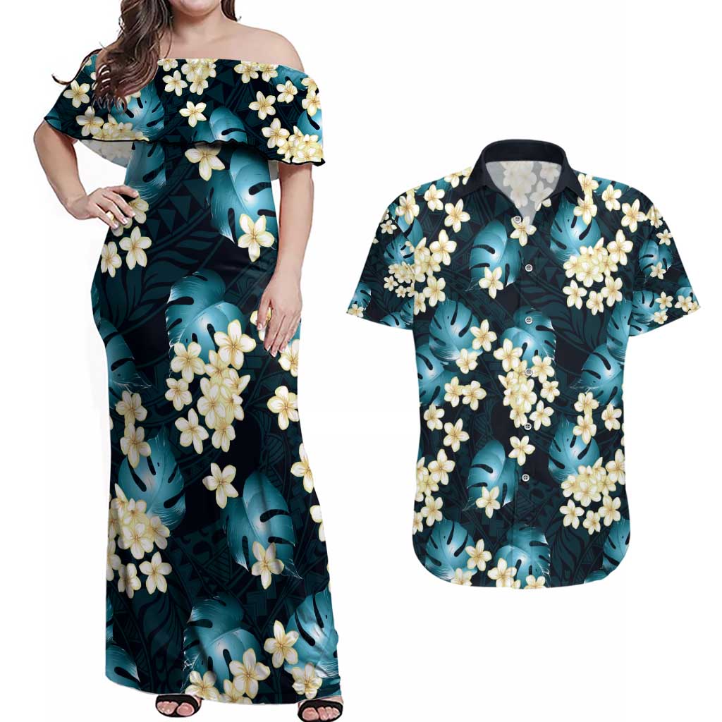 Dark Cyan Tropical Hawaii Couples Matching Off Shoulder Maxi Dress and Hawaiian Shirt Seamless Monstera Plumeria Hawaiian Pattern - Polynesian Pride