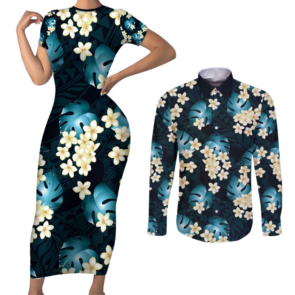 Dark Cyan Tropical Hawaii Couples Matching Short Sleeve Bodycon Dress and Long Sleeve Button Shirt Seamless Monstera Plumeria Hawaiian Pattern - Polynesian Pride