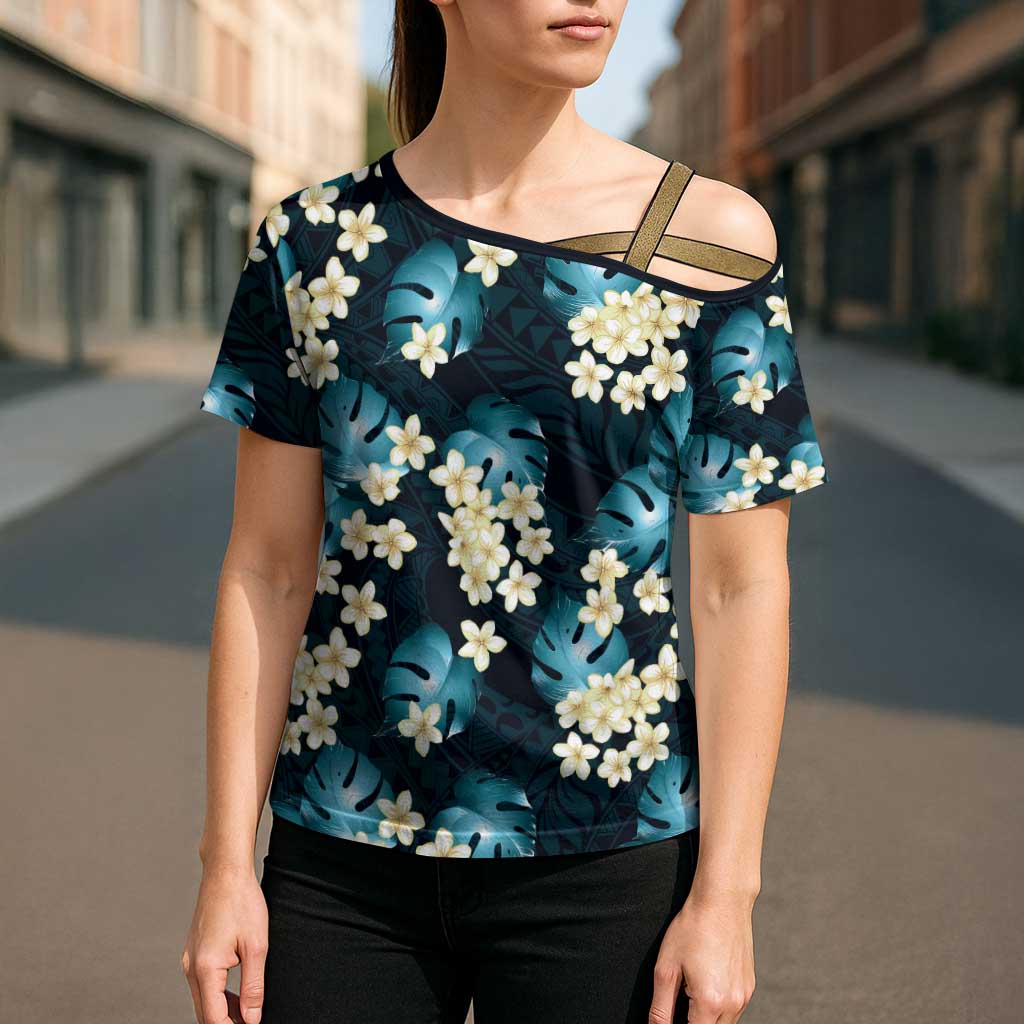 Dark Cyan Tropical Hawaii Cross Shoulder Shirt Seamless Monstera Plumeria Hawaiian Pattern - Polynesian Pride