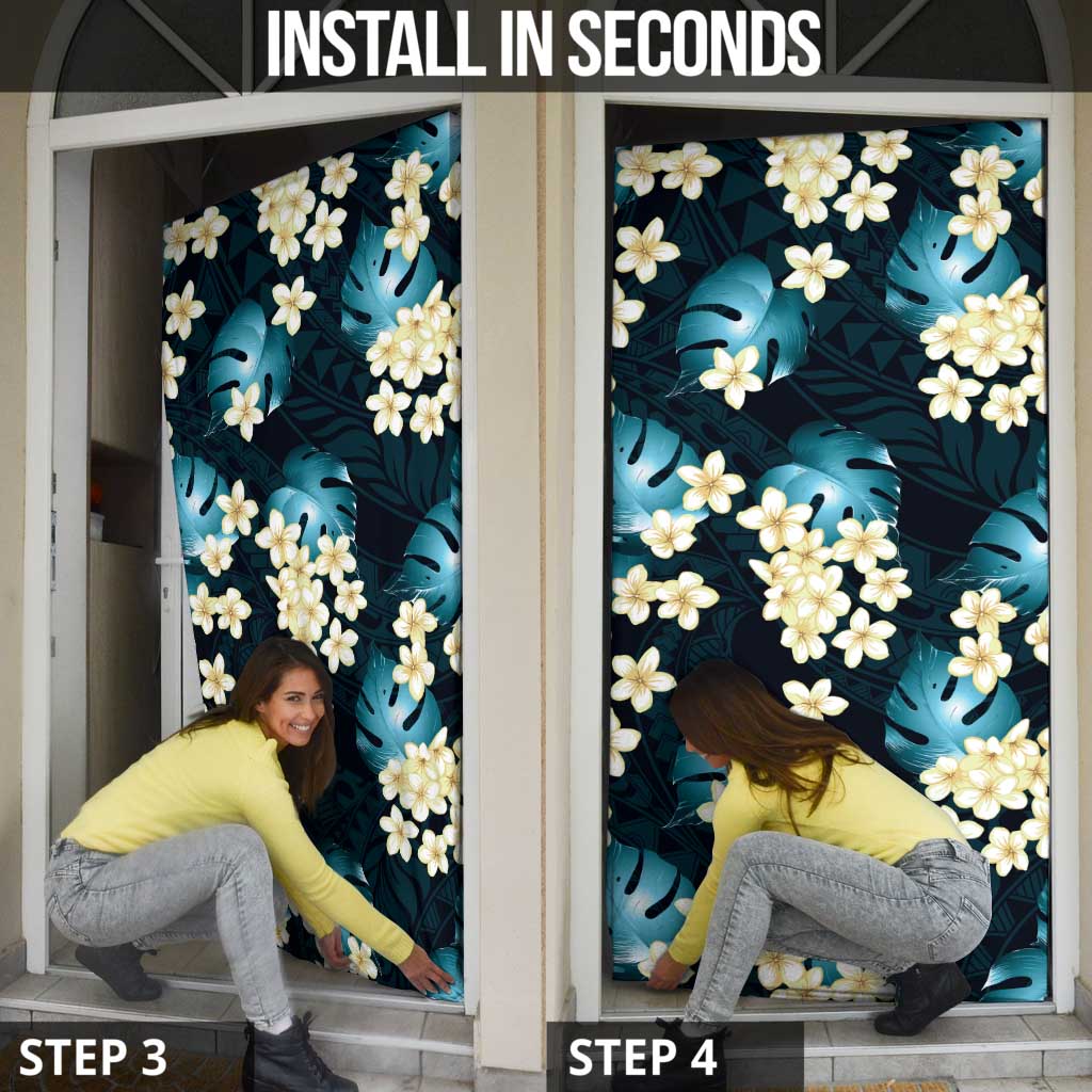 Dark Cyan Tropical Hawaii Door Cover Seamless Monstera Plumeria Hawaiian Pattern - Polynesian Pride