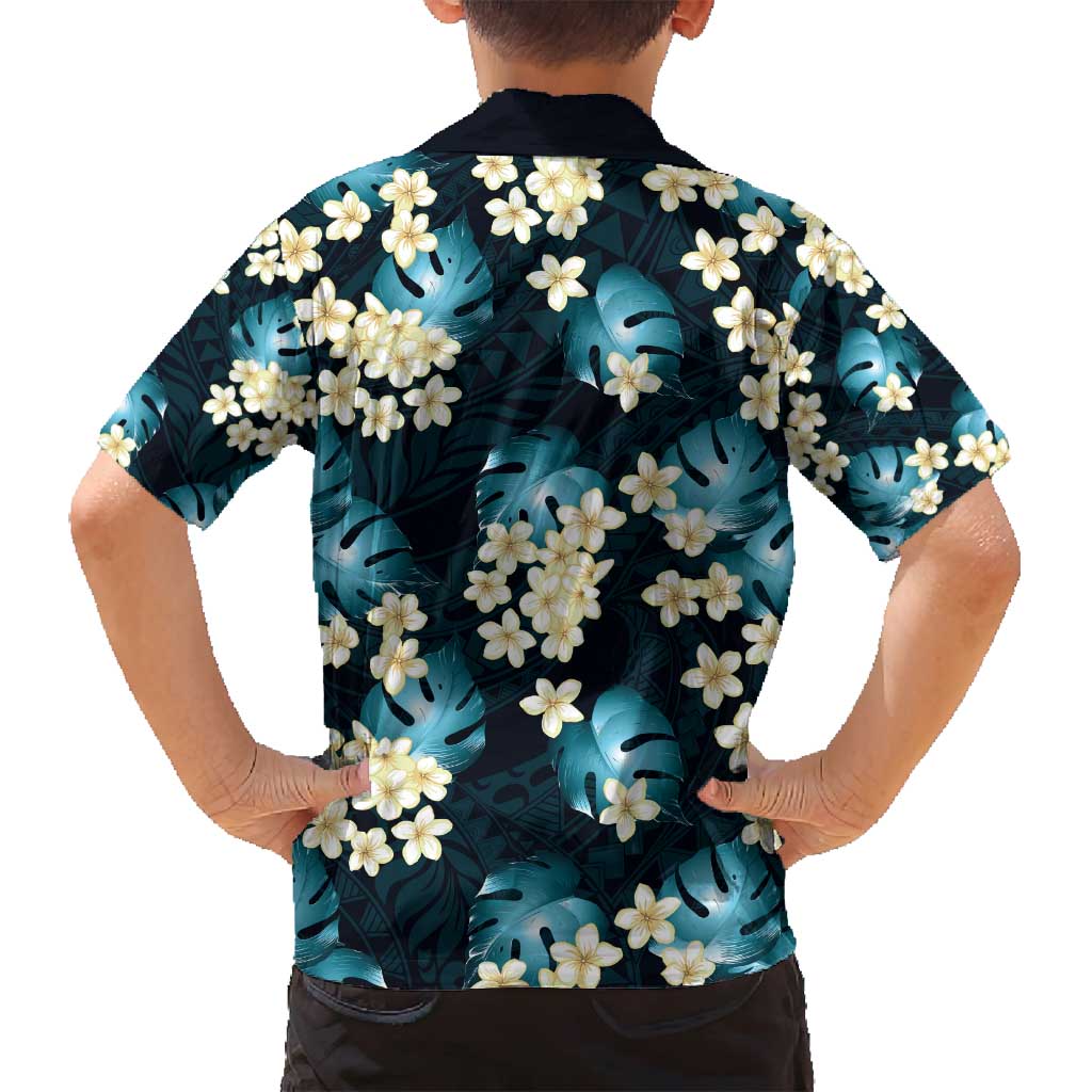 Dark Cyan Tropical Hawaii Family Matching Long Sleeve Bodycon Dress and Hawaiian Shirt Seamless Monstera Plumeria Hawaiian Pattern LT14 - Polynesian Pride