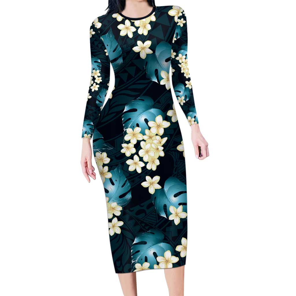 Dark Cyan Tropical Hawaii Family Matching Long Sleeve Bodycon Dress and Hawaiian Shirt Seamless Monstera Plumeria Hawaiian Pattern LT14 Mom's Dress Dark Cyan - Polynesian Pride