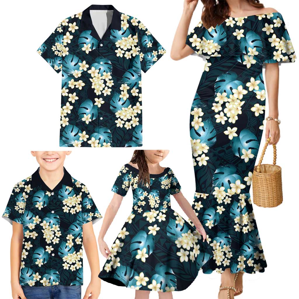 Dark Cyan Tropical Hawaii Family Matching Mermaid Dress and Hawaiian Shirt Seamless Monstera Plumeria Hawaiian Pattern LT14 - Polynesian Pride