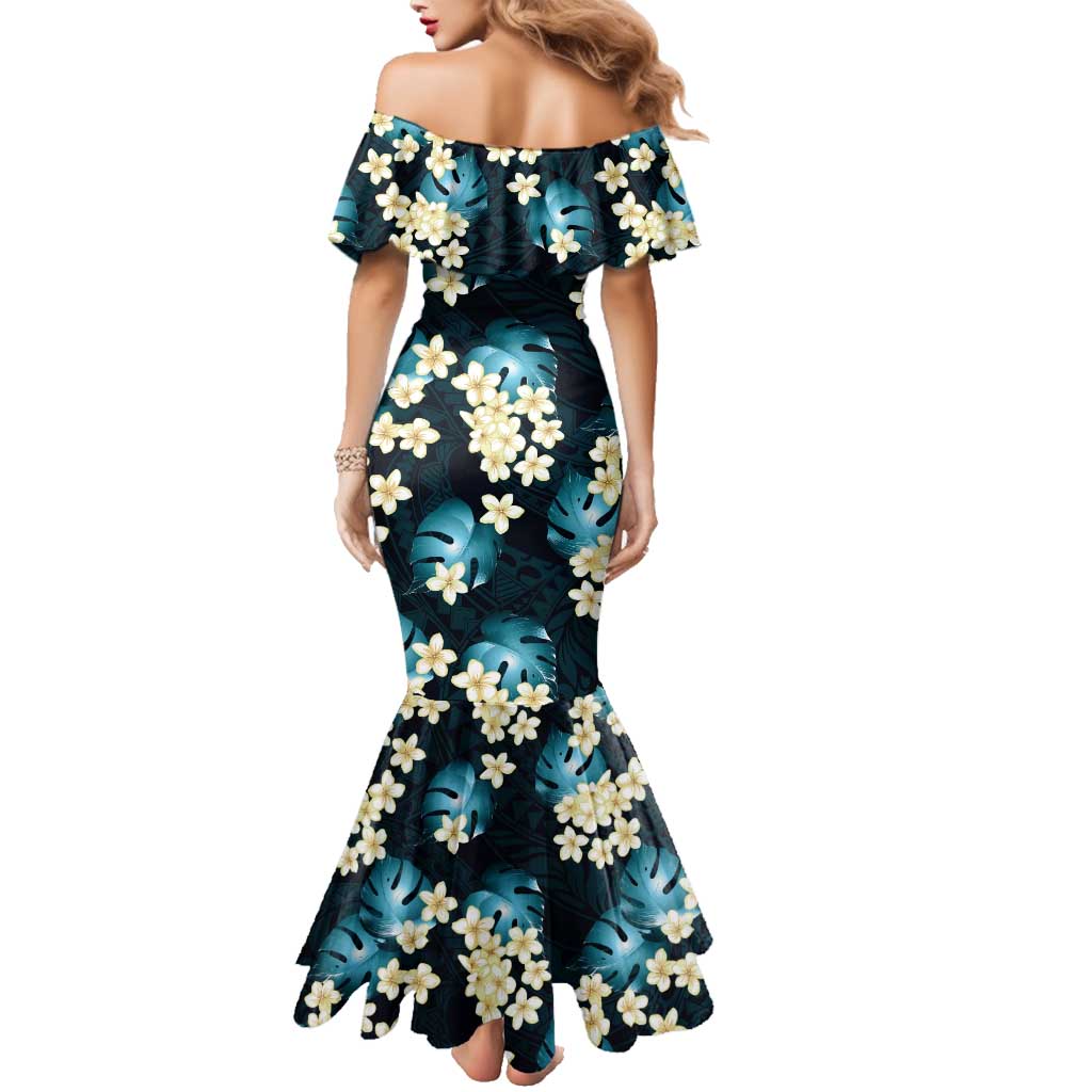 Dark Cyan Tropical Hawaii Family Matching Mermaid Dress and Hawaiian Shirt Seamless Monstera Plumeria Hawaiian Pattern LT14 - Polynesian Pride