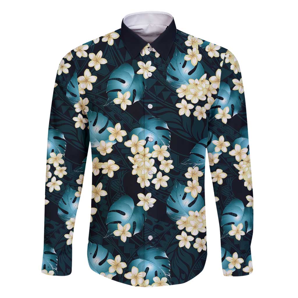 Dark Cyan Tropical Hawaii Family Matching Off Shoulder Maxi Dress and Hawaiian Shirt Seamless Monstera Plumeria Hawaiian Pattern - Polynesian Pride