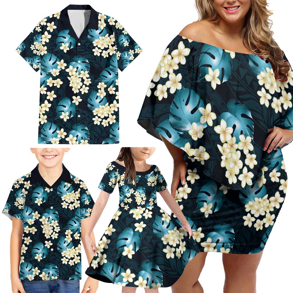 Dark Cyan Tropical Hawaii Family Matching Off Shoulder Short Dress and Hawaiian Shirt Seamless Monstera Plumeria Hawaiian Pattern - Polynesian Pride
