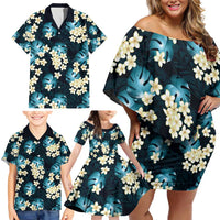 Dark Cyan Tropical Hawaii Family Matching Off Shoulder Short Dress and Hawaiian Shirt Seamless Monstera Plumeria Hawaiian Pattern - Polynesian Pride