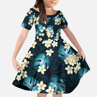 Dark Cyan Tropical Hawaii Family Matching Puletasi and Hawaiian Shirt Seamless Monstera Plumeria Hawaiian Pattern LT14 Daughter's Dress Dark Cyan - Polynesian Pride