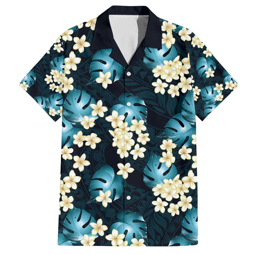 Dark Cyan Tropical Hawaii Family Matching Puletasi and Hawaiian Shirt Seamless Monstera Plumeria Hawaiian Pattern LT14 Dad's Shirt - Short Sleeve Dark Cyan - Polynesian Pride