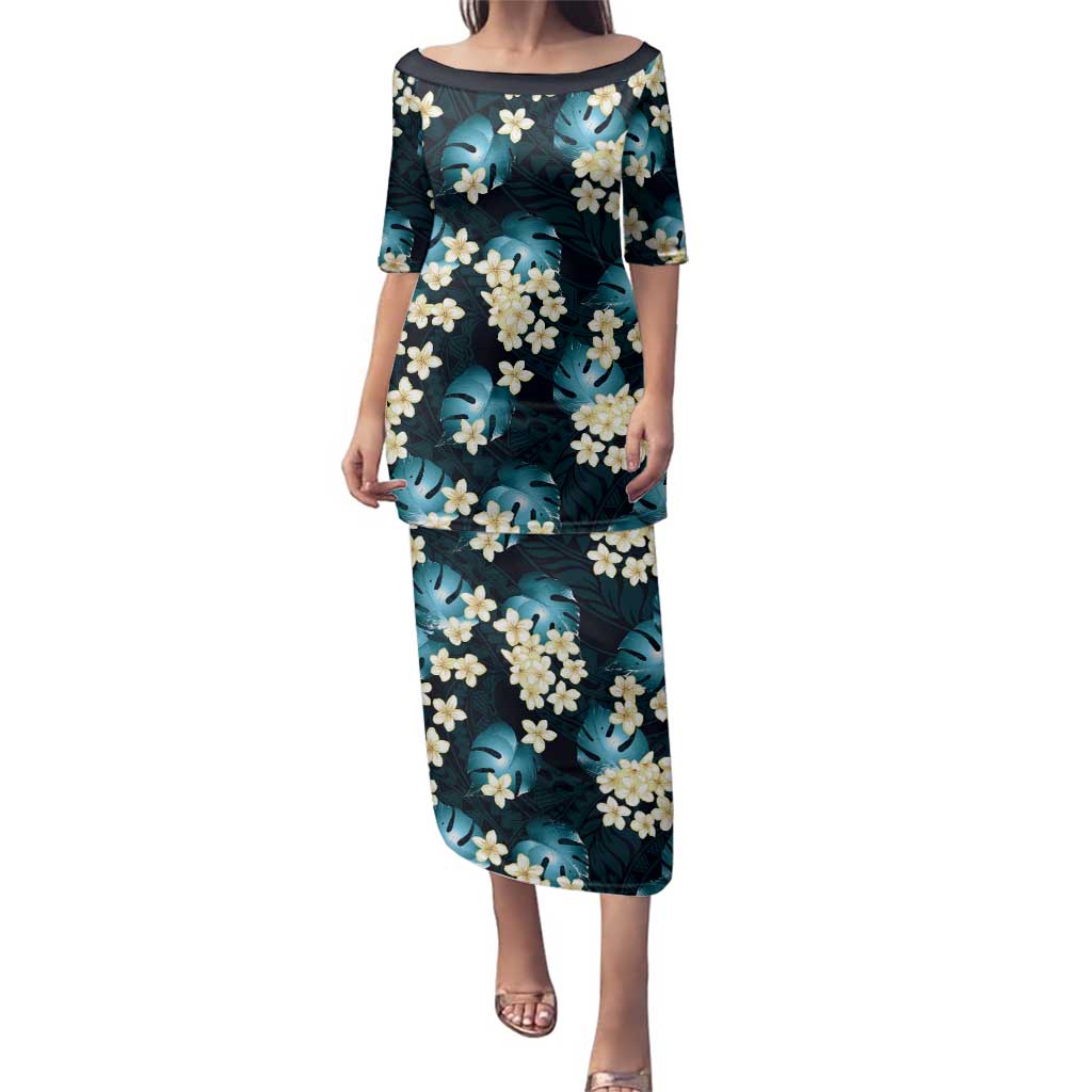 Dark Cyan Tropical Hawaii Family Matching Puletasi and Hawaiian Shirt Seamless Monstera Plumeria Hawaiian Pattern LT14 Mom's Dress Dark Cyan - Polynesian Pride