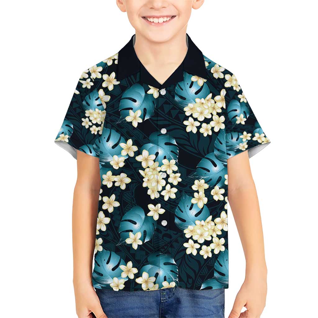 Dark Cyan Tropical Hawaii Family Matching Short Sleeve Bodycon Dress and Hawaiian Shirt Seamless Monstera Plumeria Hawaiian Pattern LT14 Son's Shirt Dark Cyan - Polynesian Pride