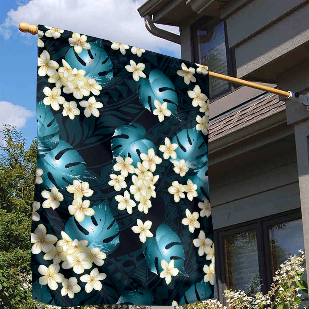 Dark Cyan Tropical Hawaii Garden Flag Seamless Monstera Plumeria Hawaiian Pattern - Polynesian Pride