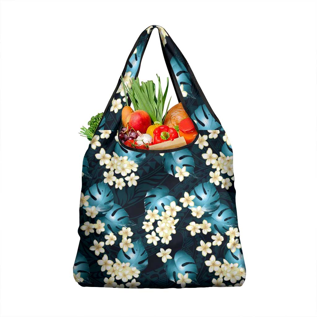 Dark Cyan Tropical Hawaii Grocery Bag Seamless Monstera Plumeria Hawaiian Pattern - Polynesian Pride