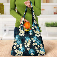 Dark Cyan Tropical Hawaii Grocery Bag Seamless Monstera Plumeria Hawaiian Pattern - Polynesian Pride