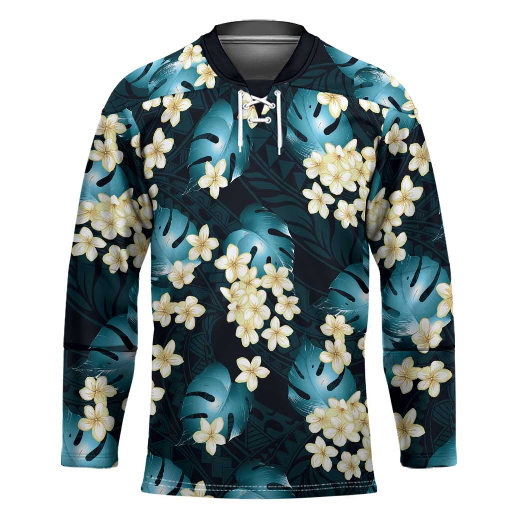 Dark Cyan Tropical Hawaii Hockey Jersey Seamless Monstera Plumeria Hawaiian Pattern - Polynesian Pride