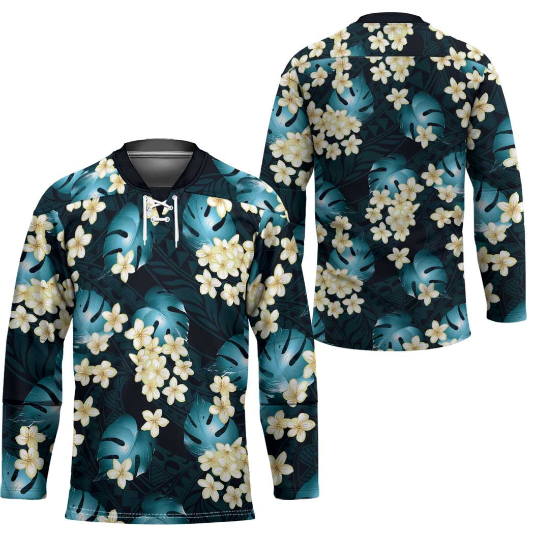 Dark Cyan Tropical Hawaii Hockey Jersey Seamless Monstera Plumeria Hawaiian Pattern - Polynesian Pride
