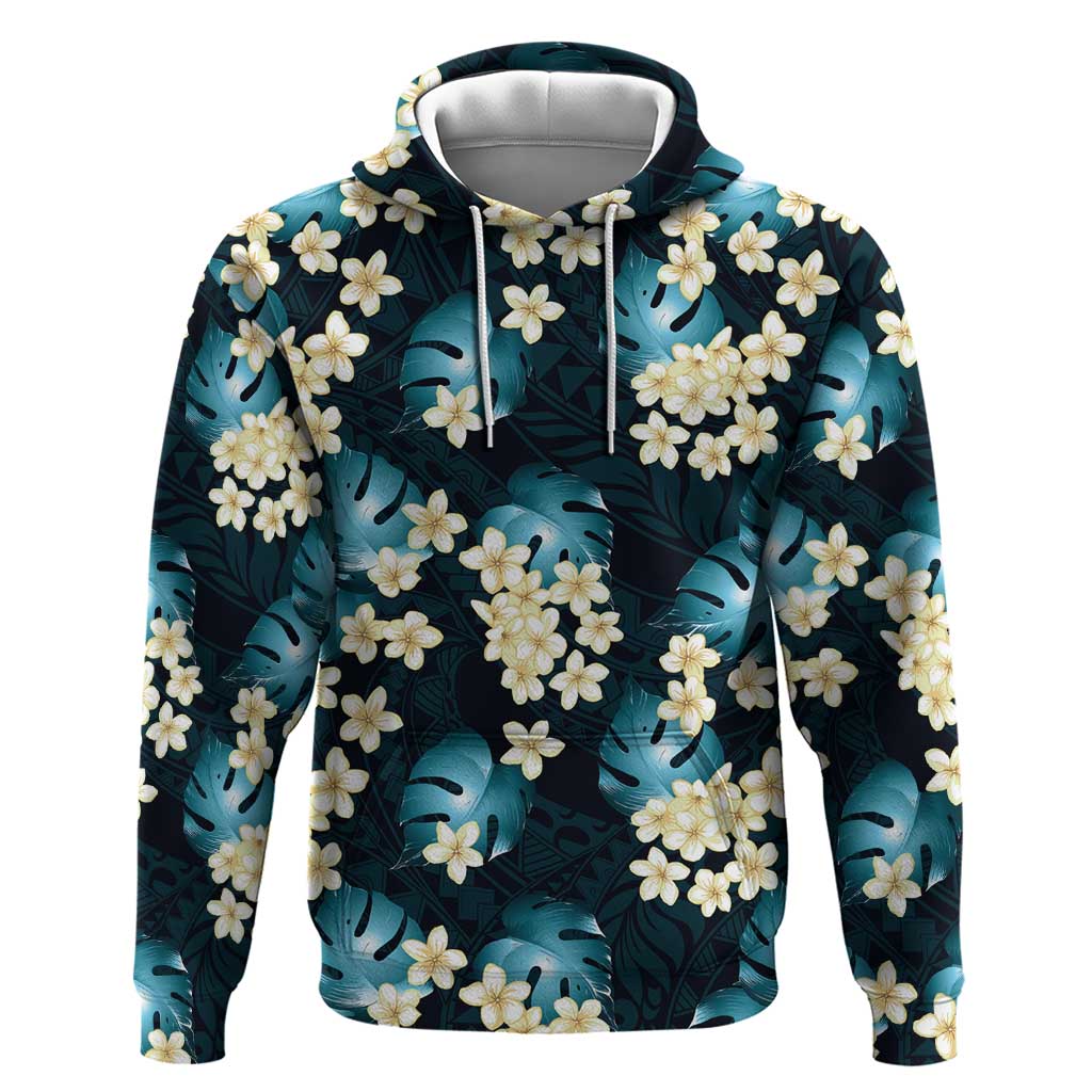 Dark Cyan Tropical Hawaii Hoodie Seamless Monstera Plumeria Hawaiian Pattern - Polynesian Pride