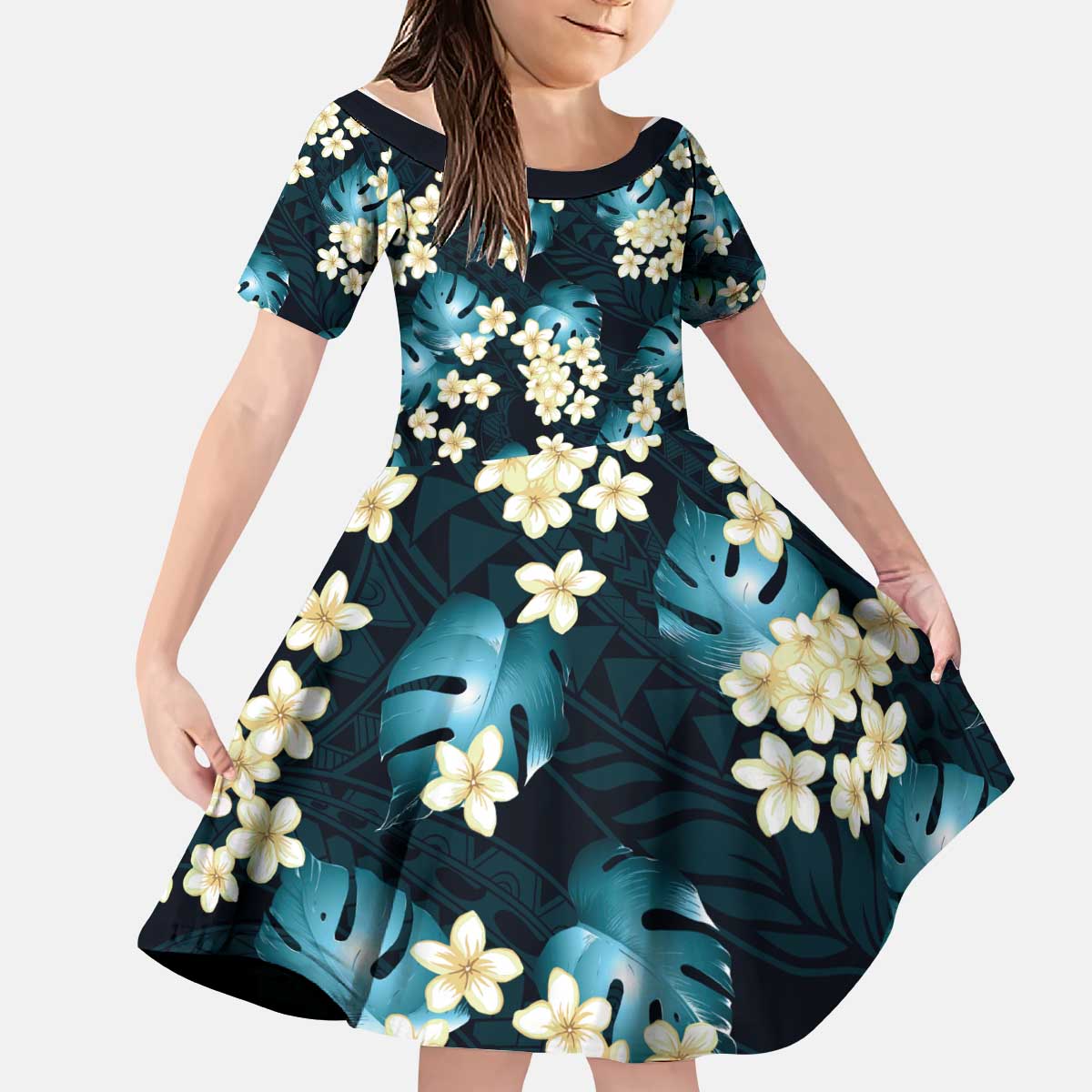 Dark Cyan Tropical Hawaii Kid Short Sleeve Dress Seamless Monstera Plumeria Hawaiian Pattern - Polynesian Pride