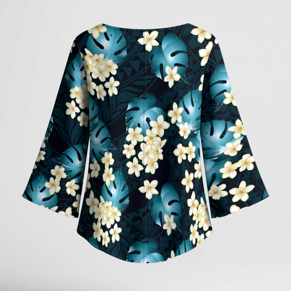 Dark Cyan Tropical Hawaii Kimono Sleeve Blouse Seamless Monstera Plumeria Hawaiian Pattern - Polynesian Pride