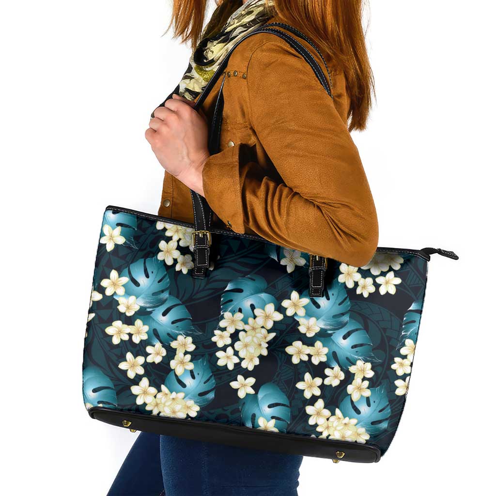 Dark Cyan Tropical Hawaii Leather Tote Bag Seamless Monstera Plumeria Hawaiian Pattern - Polynesian Pride