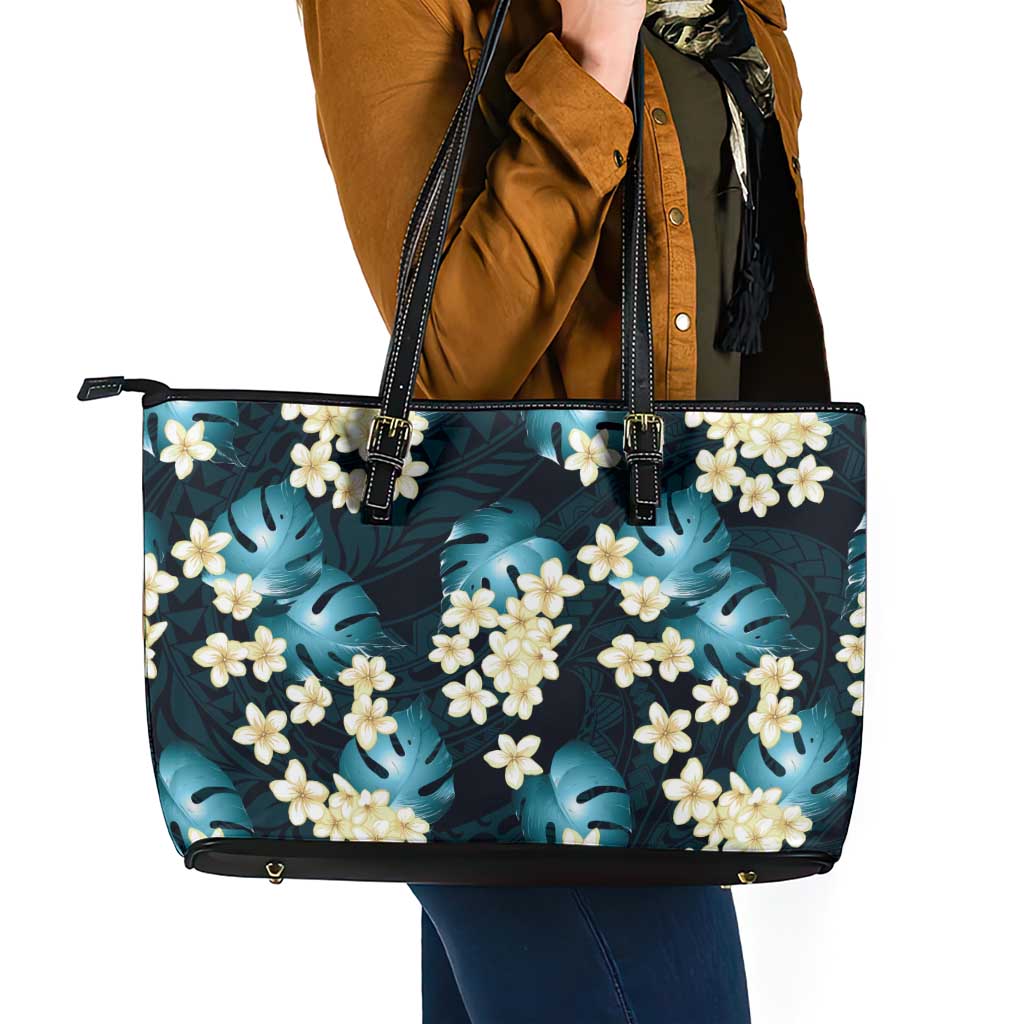 Dark Cyan Tropical Hawaii Leather Tote Bag Seamless Monstera Plumeria Hawaiian Pattern - Polynesian Pride