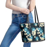 Dark Cyan Tropical Hawaii Leather Tote Bag Seamless Monstera Plumeria Hawaiian Pattern - Polynesian Pride