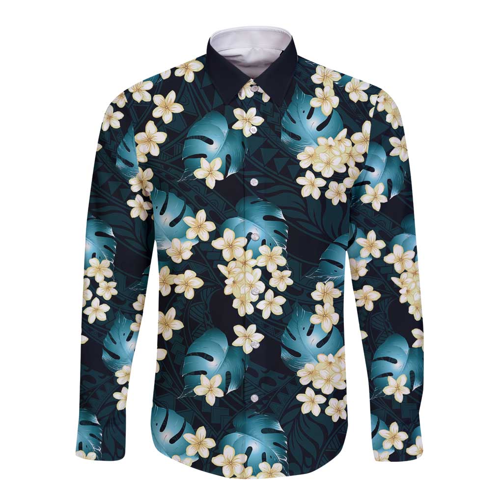 Dark Cyan Tropical Hawaii Long Sleeve Button Shirt Seamless Monstera Plumeria Hawaiian Pattern - Polynesian Pride