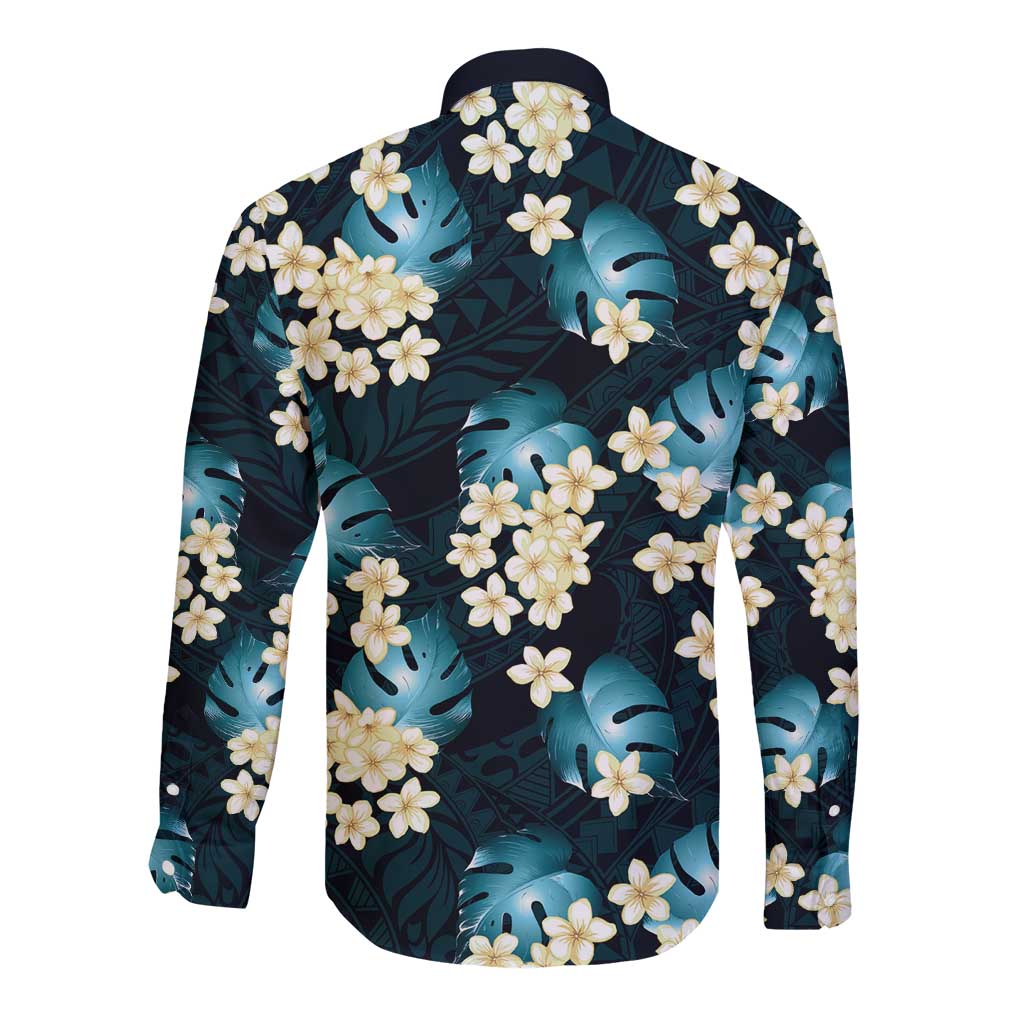 Dark Cyan Tropical Hawaii Long Sleeve Button Shirt Seamless Monstera Plumeria Hawaiian Pattern - Polynesian Pride