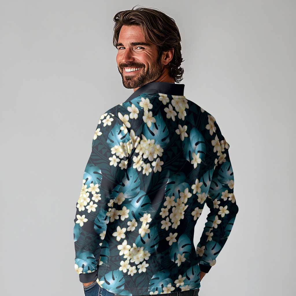 Dark Cyan Tropical Hawaii Long Sleeve Polo Shirt Seamless Monstera Plumeria Hawaiian Pattern - Polynesian Pride