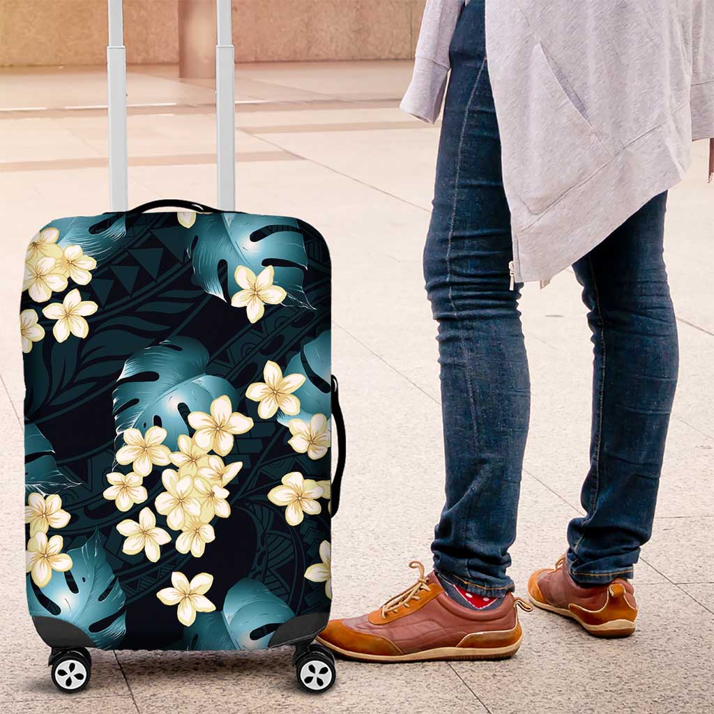 Dark Cyan Tropical Hawaii Luggage Cover Seamless Monstera Plumeria Hawaiian Pattern - Polynesian Pride