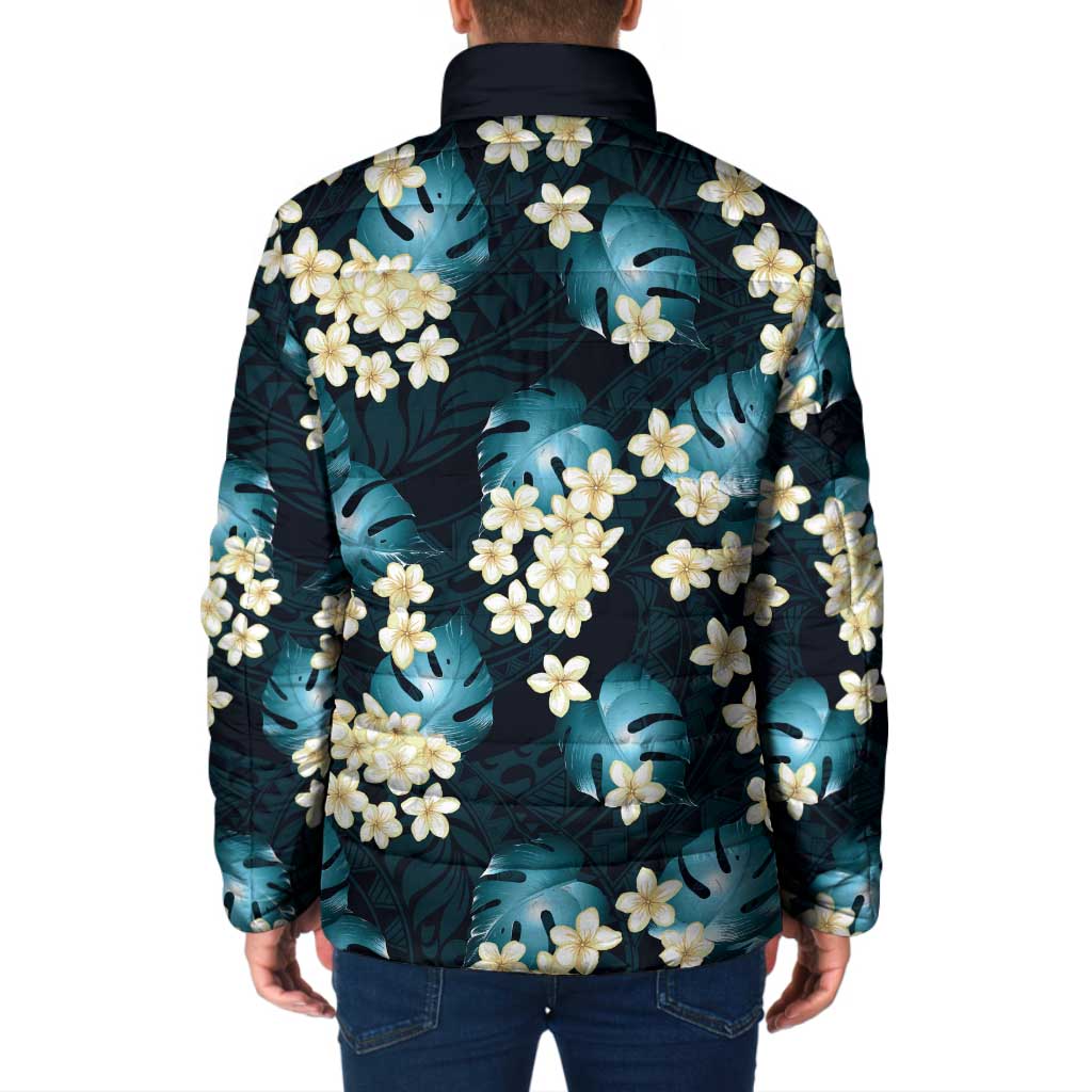 Dark Cyan Tropical Hawaii Padded Jacket Seamless Monstera Plumeria Hawaiian Pattern - Polynesian Pride