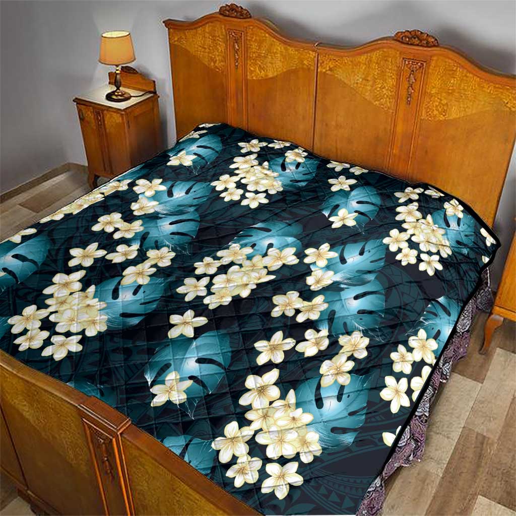 Dark Cyan Tropical Hawaii Quilt Seamless Monstera Plumeria Hawaiian Pattern - Polynesian Pride