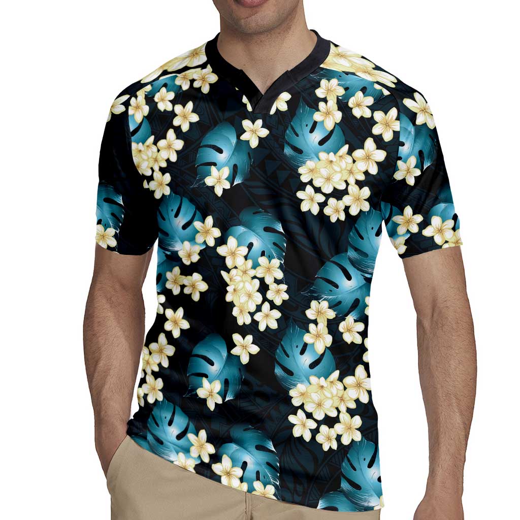 Dark Cyan Tropical Hawaii Rugby Jersey Seamless Monstera Plumeria Hawaiian Pattern - Polynesian Pride