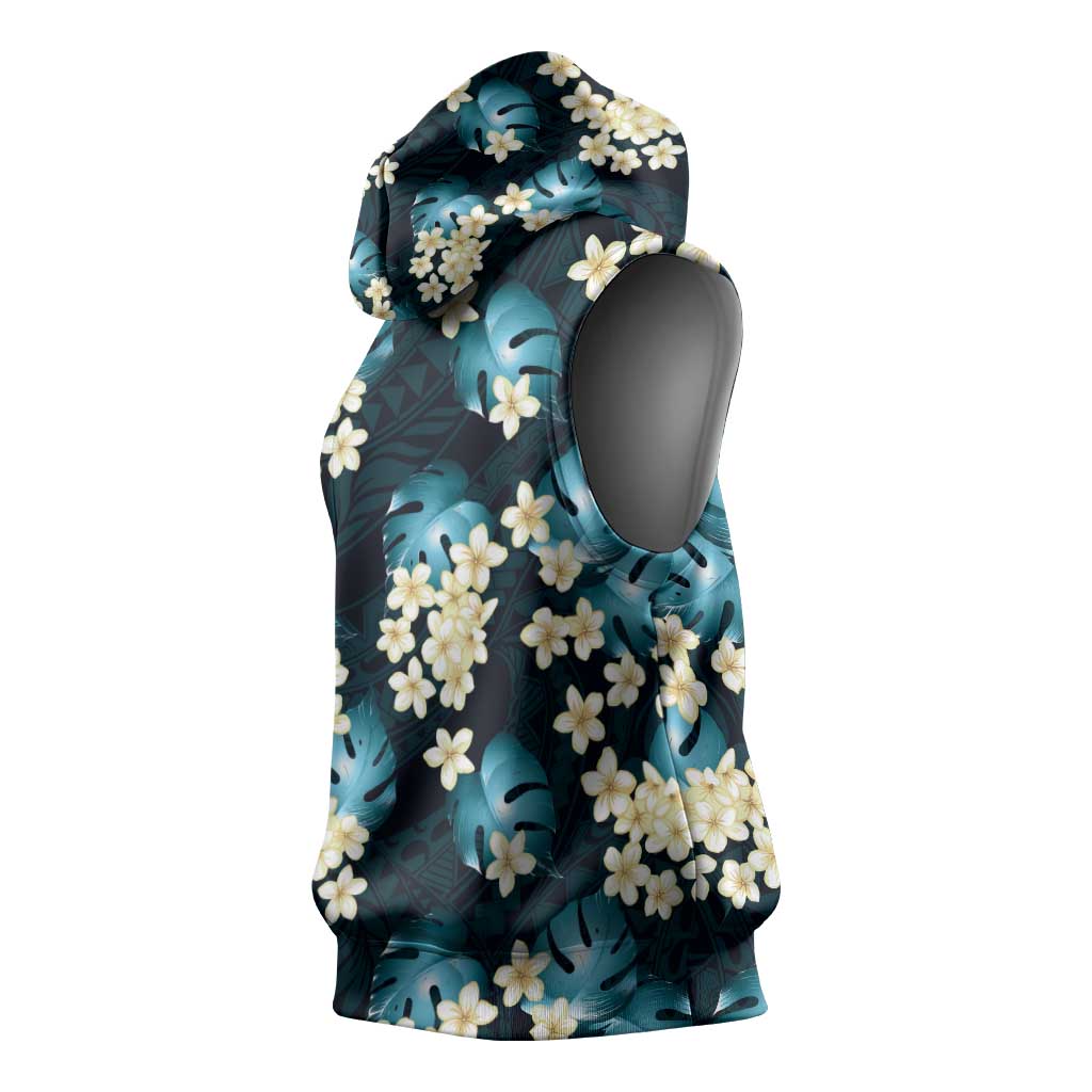 Dark Cyan Tropical Hawaii Sleeveless Hoodie Seamless Monstera Plumeria Hawaiian Pattern - Polynesian Pride
