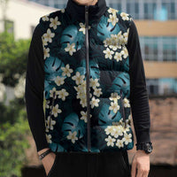 Dark Cyan Tropical Hawaii Sleeveless Puffer Jacket Seamless Monstera Plumeria Hawaiian Pattern - Polynesian Pride