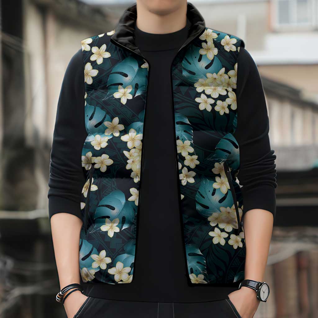 Dark Cyan Tropical Hawaii Sleeveless Puffer Jacket Seamless Monstera Plumeria Hawaiian Pattern - Polynesian Pride