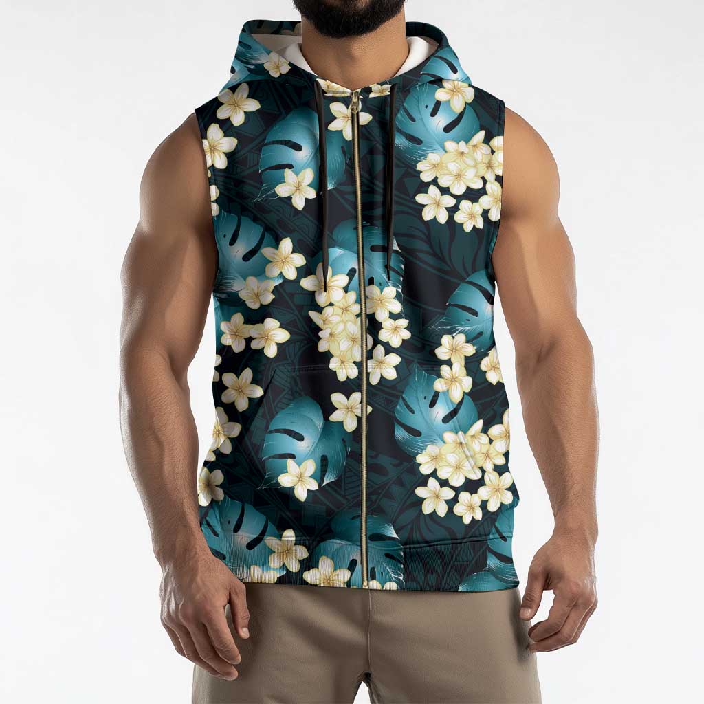 Dark Cyan Tropical Hawaii Sleeveless Zip Hoodie Seamless Monstera Plumeria Hawaiian Pattern - Polynesian Pride