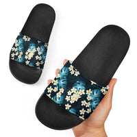 Dark Cyan Tropical Hawaii Slide Sandals Seamless Monstera Plumeria Hawaiian Pattern - Polynesian Pride