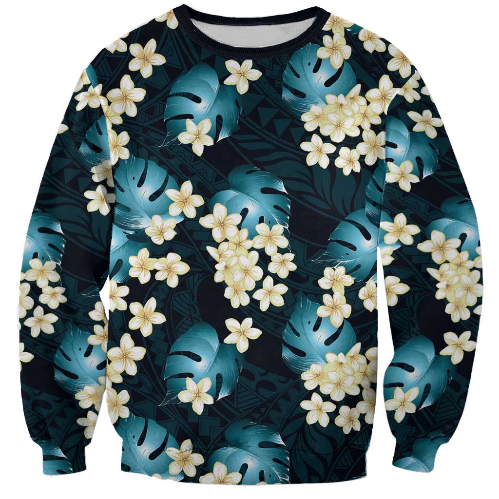 Dark Cyan Tropical Hawaii Sweatshirt Seamless Monstera Plumeria Hawaiian Pattern - Polynesian Pride