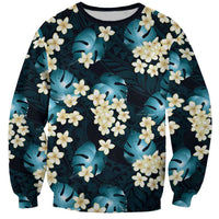 Dark Cyan Tropical Hawaii Sweatshirt Seamless Monstera Plumeria Hawaiian Pattern - Polynesian Pride