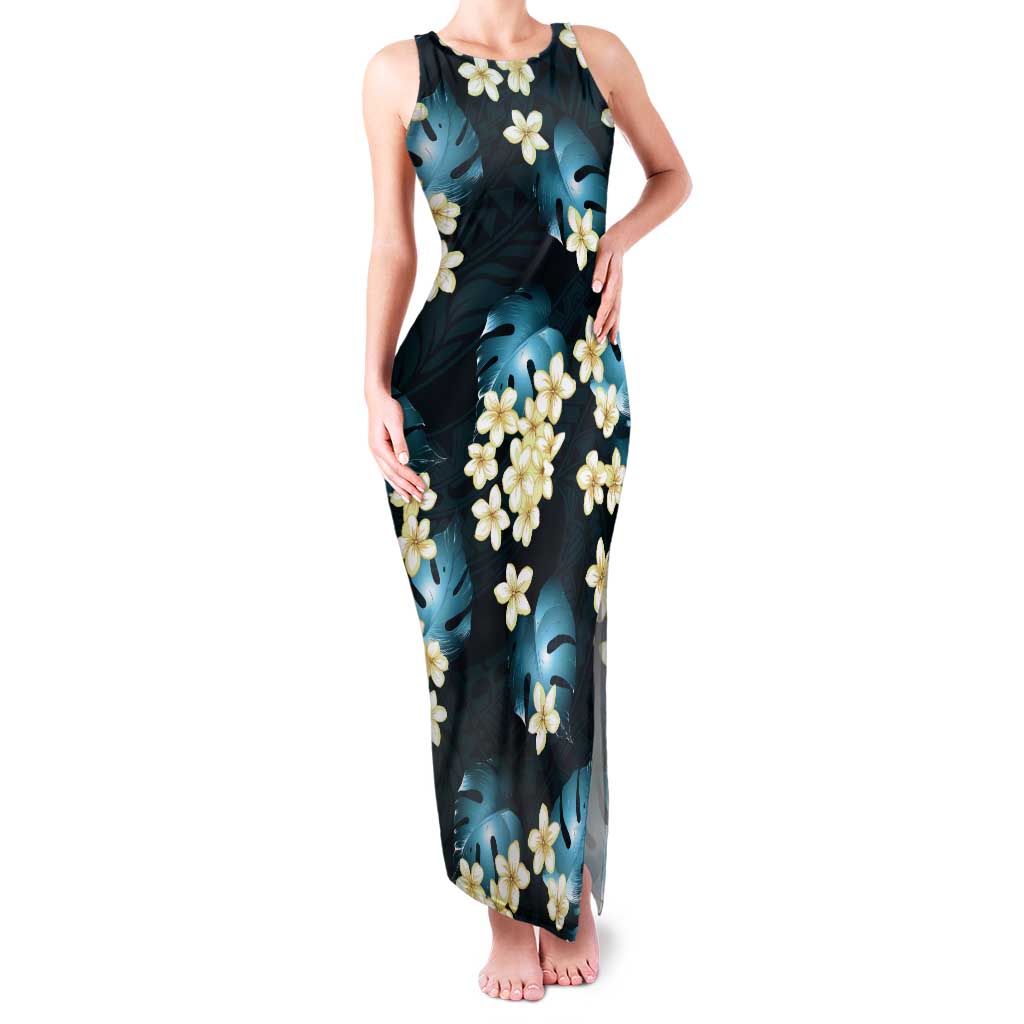 Dark Cyan Tropical Hawaii Tank Maxi Dress Seamless Monstera Plumeria Hawaiian Pattern - Polynesian Pride